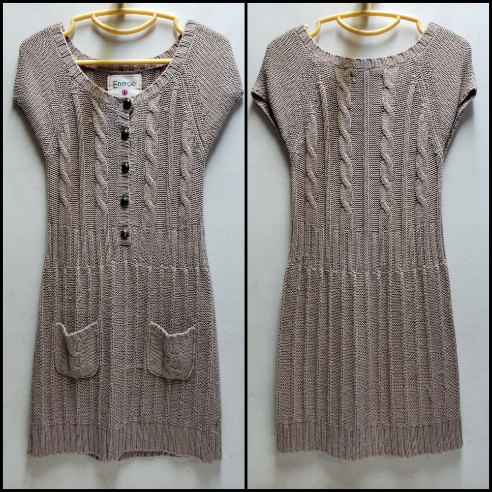 Energie womens large beige tan cable knit sweater dress short sleeve